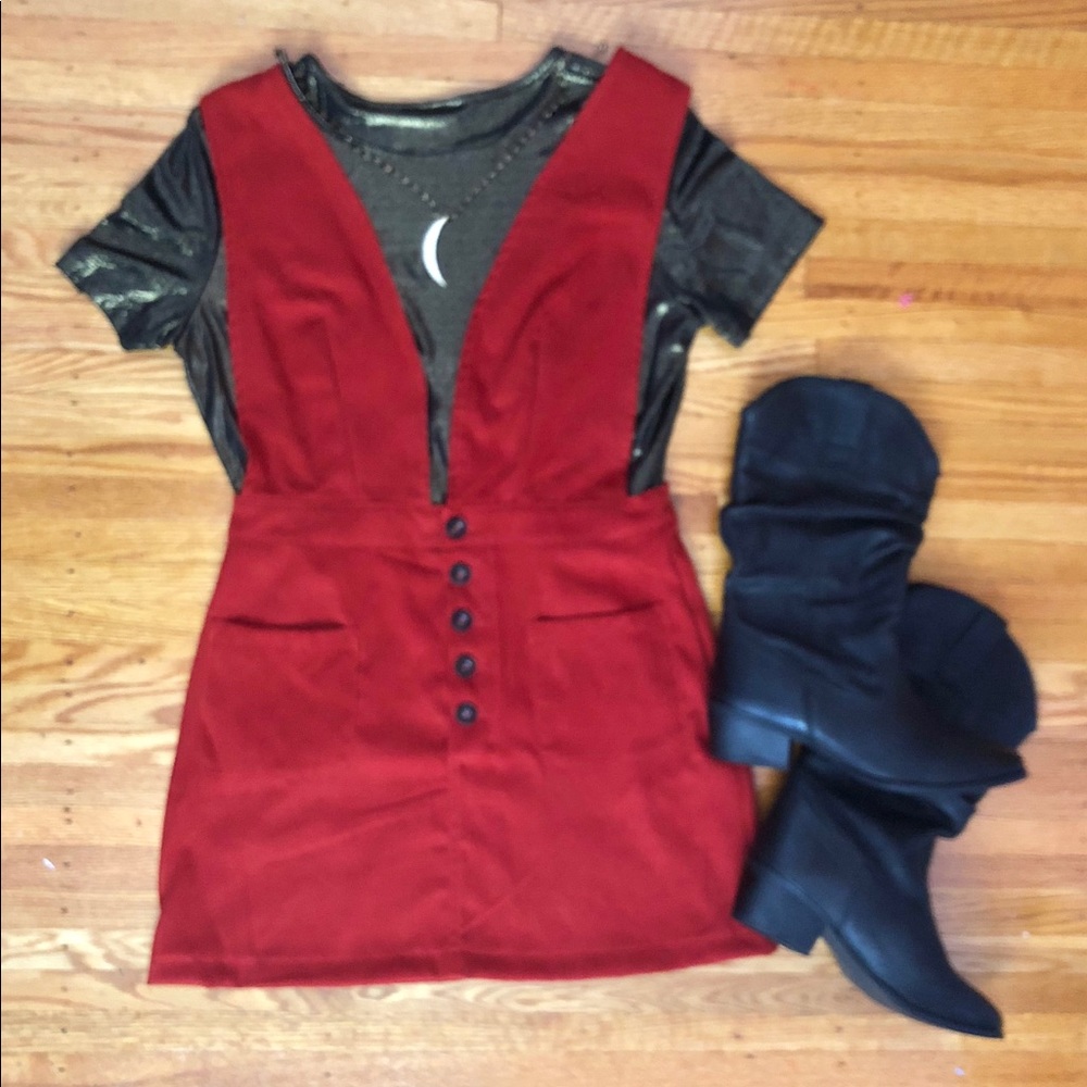 SHEIN Crisscrossed Buttoned Plunge Pinafore Dress